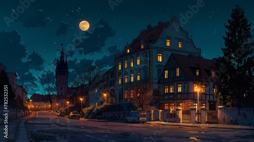 Moonlit European Townscape with Traditional Architecture