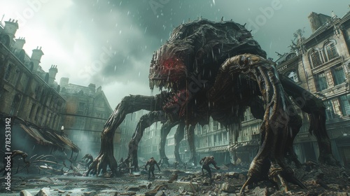 Post-Apocalyptic Battle Scene With Monstrous Creature in Rain © Yusif
