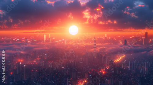 A city skyline with a large sun in the sky