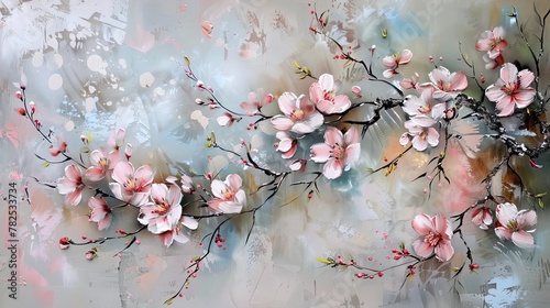 A beautiful branch of sakura with flowers and small green leaves in pink tones directed from right to left, painted with oil paints on a light bluish-yellow background