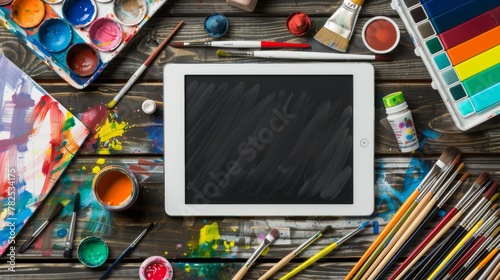 Artist's Tablet Mockup with Creative Tools on Desk, AI Created