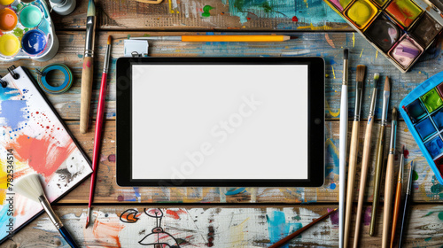 Artist's Tablet Mockup with Creative Tools on Desk, AI Created