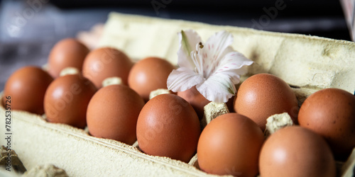 box of chicken eggs. Macro background with place for text