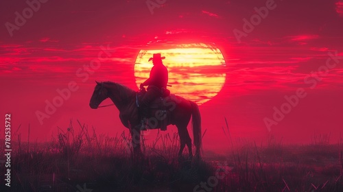 Western Cowboy Riding Horse at Sunset in Desert