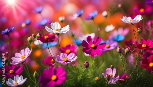 Beautiful spring summer bright natural background with colorful cosmos flowers close up