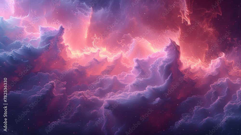 A colorful, swirling cloud of pink and purple with a star in the middle