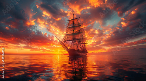 A large ship sails in the ocean at sunset