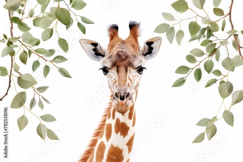 A curious giraffe peeks its head through lush green foliage, highlighting the animal's unique features and gentle demeanor photo