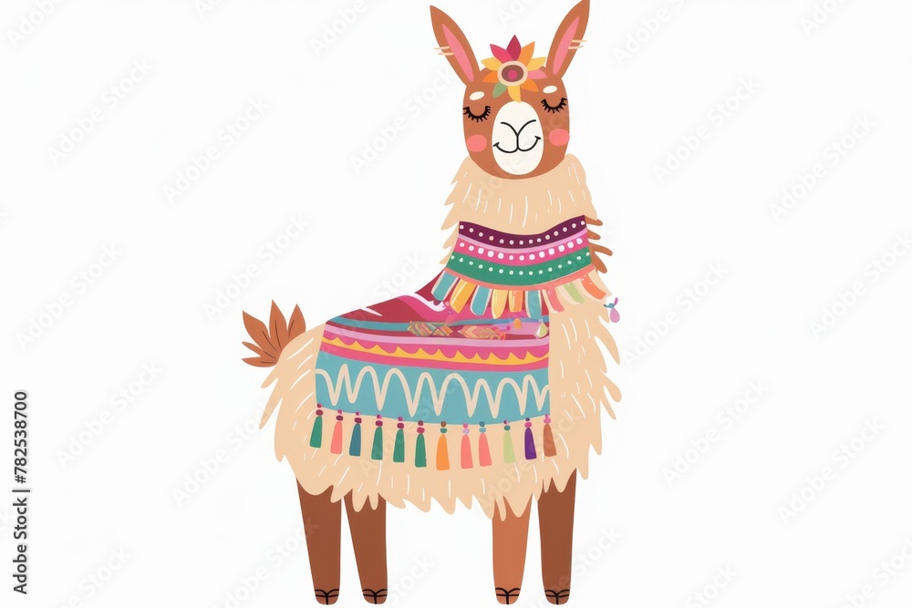 Naklejka premium A whimsical illustration capturing a smiling llama adorned with a vibrant, patterned blanket and floral headpiece, expressing joy