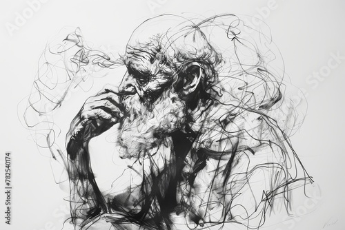 An ink drawing of a thoughtful elderly person with a smoky aura, depicting deep contemplation or memory