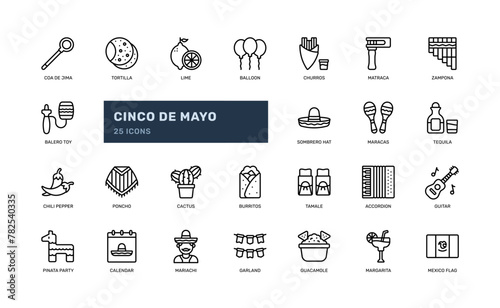 cinco de mayo mexico festive festival celebration outline line icon set
