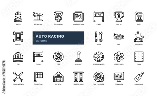 Auto racing car race sport automotive outline line icon set