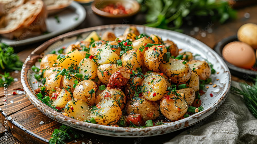 A white plate with a variety of potatoes and herbs on top. The plate is placed on a wooden table A white plate with a variety of potatoes and herbs on top. The plate is placed on a wooden table