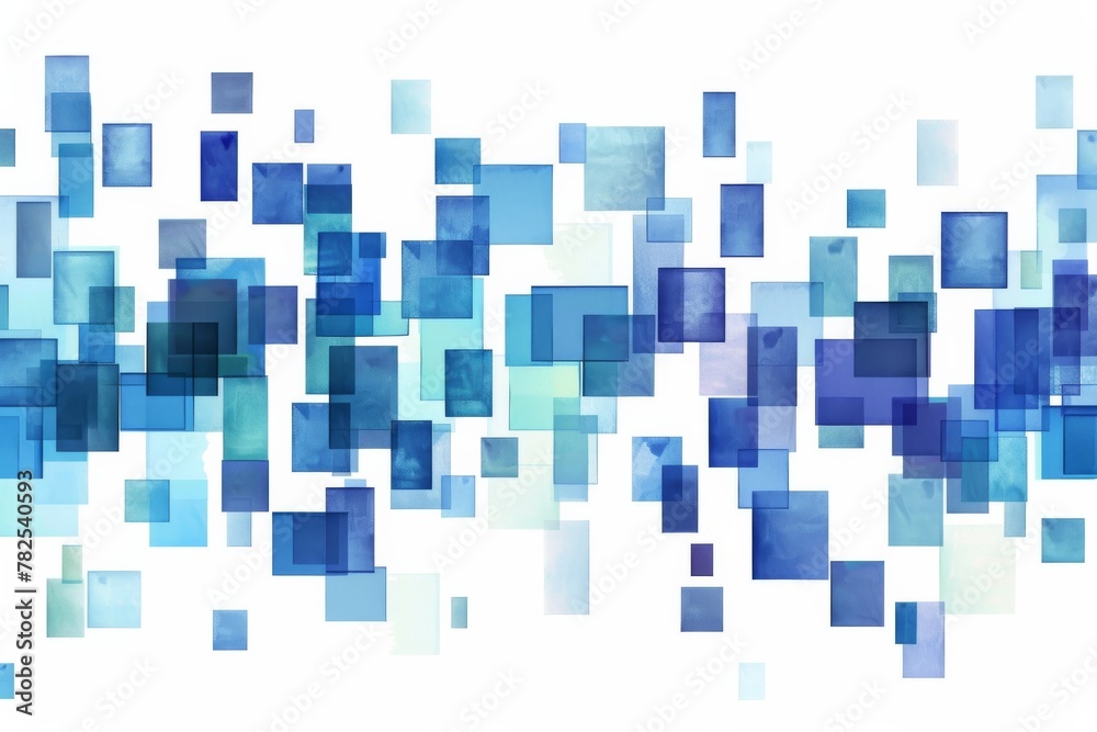 An array of floating blue square tiles of varying shades, creating a sense of depth and modern complexity in a digitally abstract space