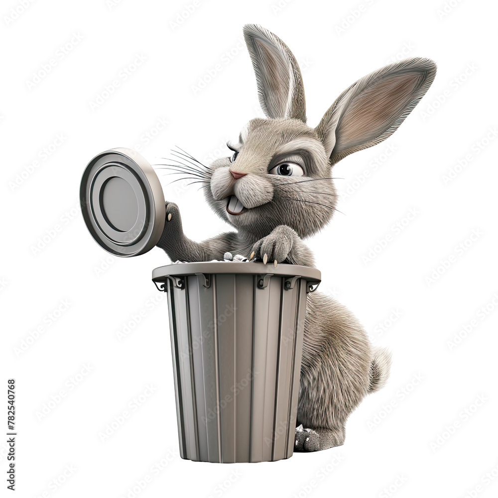 Fototapeta premium Playful cartoon rabbit causing chaos by toppling a garbage can in isolated transparent background