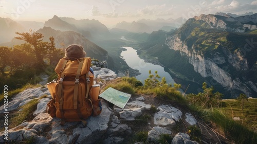 A breathtaking view from the top of a mountain  with a backpack and a map in the foreground. Generative AI