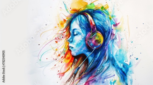 An abstract portrayal of a music enthusiast lost in the rhythm, showcased with a fusion of vivid watercolor effects