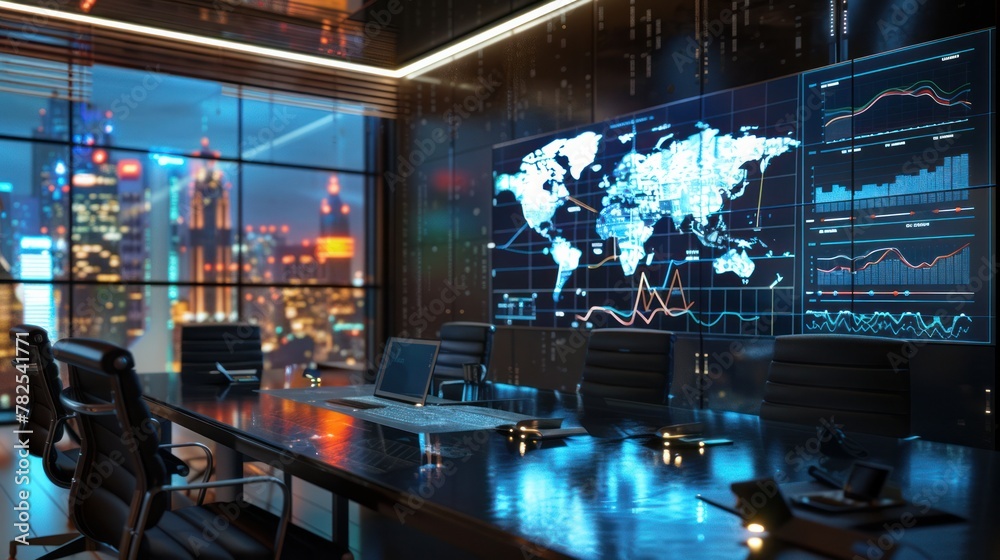 An elegant business lounge with a global digital market analysis displayed on a sleek, interactive wall screen. Generative AI