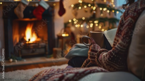 Envision a cozy, inviting living room on a chilly winter evening, with a roaring fireplace, soft blankets, and a steaming mug of hot cocoa on a side table. Generative AI photo