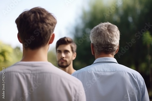 A trio of male family members, spanning three generations, captured from the back in a natural setting. Three Generations of Men From Behind