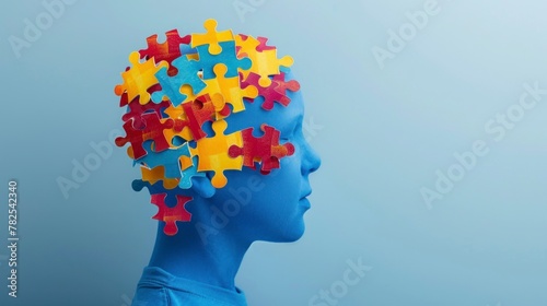 puzzle forming a head. world autism day concept on blue background in high resolution and high quality HD © Marco