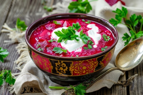 Vibrant traditional Ukrainian borsch served with sour cream and fresh parsley in a decorated bowl. Traditional Ukrainian Borsch with Sour Cream