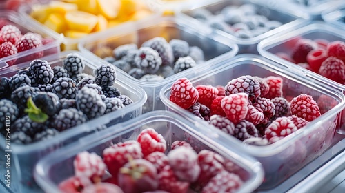 Frozen berries and healthy vegetables are stored in reusable box containers on freezer shelves of refrigerator at home photo