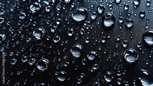 Condensation water drops on a dark glass texture background. Shower or rain droplets, pure aqua blobs. Top view