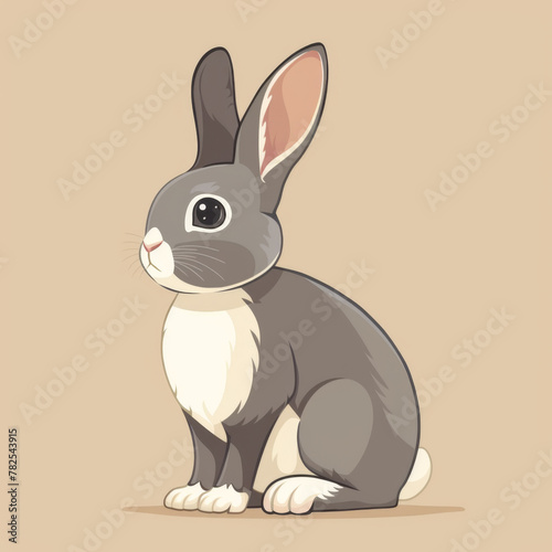 Cute cartoon illustration of a gray and white bunny rabbit on a simple beige background.