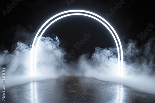 White neon arch, round portal, circles frame with swirling smoke on floor, white fog on the floor with black background