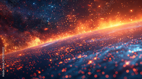 A bright orange and blue sky with a lot of stars and fire