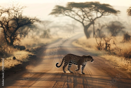Serengeti Sunrise with a Lone Cheetah Crossing a Dusty Road. Wilderness and Beauty. Serene African Landscape. Nature Photography. Generative AI