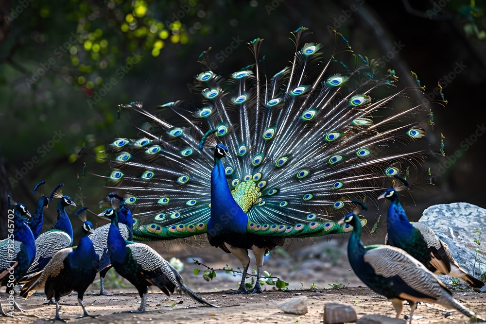 Obraz premium Majestic peacock displaying vibrant tail feathers to a flock of peers in natural habitat. Wildlife elegance captured. Serene animal scene. Generative AI