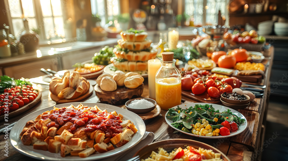 A table is set with a variety of food and drinks, including a large platter of fruit and a selection of cheeses. The table is surrounded by potted plants and flowers, creating a warm