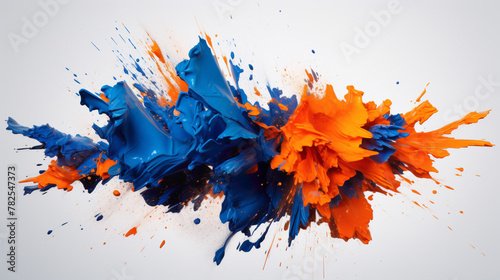 Dynamic splashes of neon orange and electric blue agnst a pure white background, capturing the viewer's attention with their intensity.