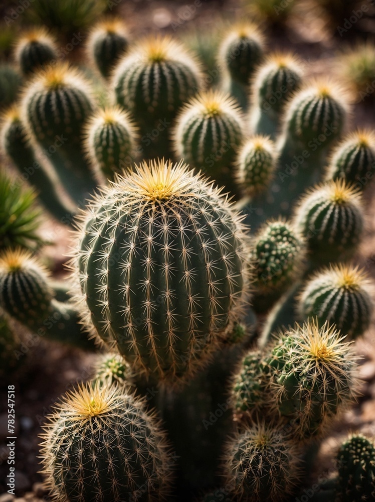 Cluster of cacti basks in gentle embrace of sunlight, their spiky exteriors highlighted, casting intricate shadows that dance around them. Each cactus, adorned with array of spikes. Cluster of cacti basks in gentle embrace of sunlight, their spiky exteriors highlighted, casting intricate shadows that dance around them. Each cactus, adorned with array of spikes.
