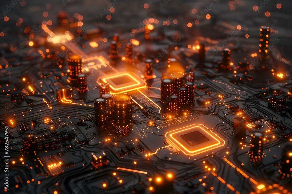 Silicon Cityscape: Circuit Symphony in Orange Glow. Concept Abstract Art, Technology-inspired, Urban Landscape, Futuristic Aesthetic, Vibrant Colors