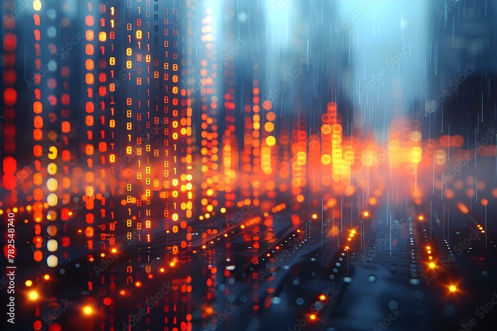 Fototapeta premium Digital Rain: Data Stream in Neon Hues. Concept Sci-Fi Aesthetics, Futuristic Imagery, Neon Lights, Virtual Reality Wilderness