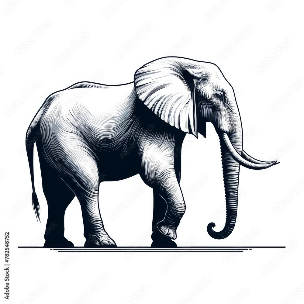 A detailed black and white illustration of a majestic African elephant in profile view, with prominent tusks and ears.