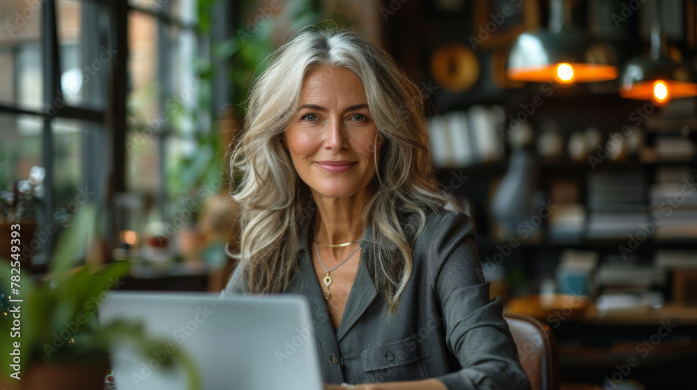 Smiling mature middle aged business woman using laptop working on computer sitting at desk. Happy old businesswoman hr holding cv interviewing distance applicant, senior seeker searching job online