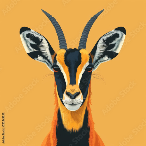Digital illustration of a sable antelope with striking colors, facing forward against a plain background. photo