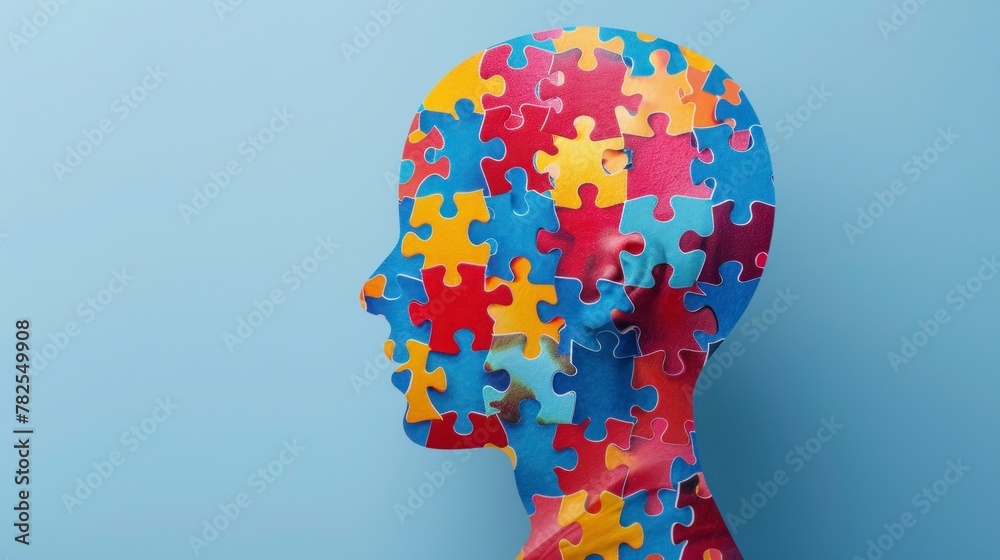 World autism day. puzzle forming head on blue background World autism day. puzzle forming head on blue background