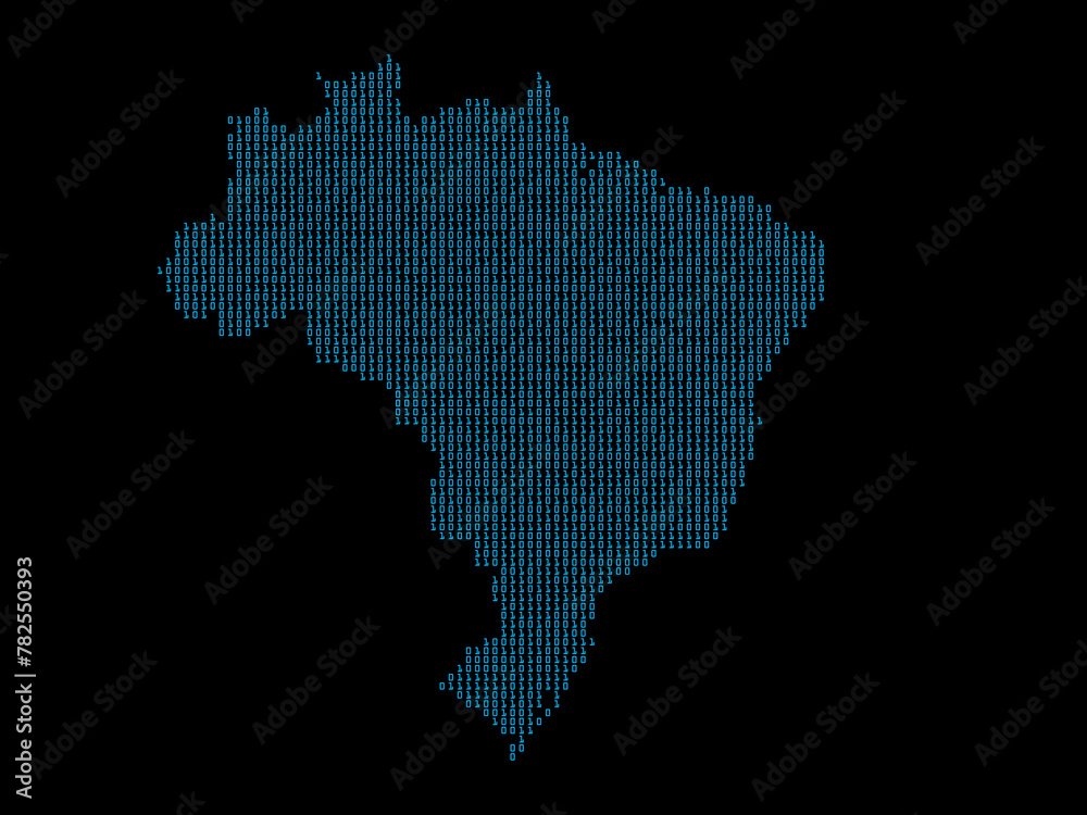 A sketching style of the map Brazil, consisting of blue binary code. An abstract image for a geographical design template. Image isolated on black background.
