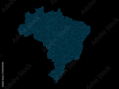 A sketching style of the map Brazil  consisting of blue binary code. An abstract image for a geographical design template. Image isolated on black background.