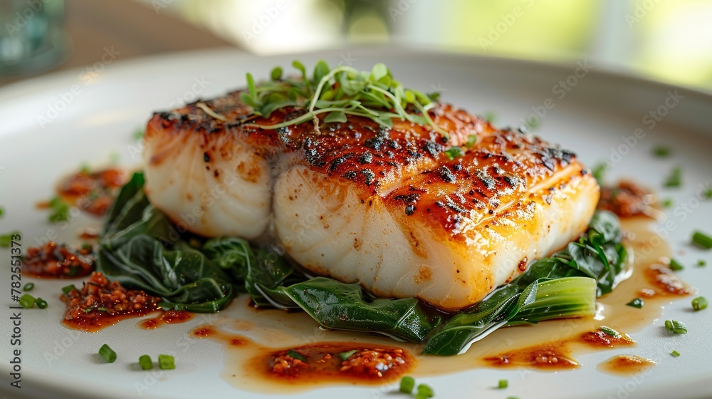 A medium-full portion of black cod served on a white plate, resting on a bed of vibrant green pak choi. Fish well presented with a golden-brown coating. A medium-full portion of black cod served on a white plate, resting on a bed of vibrant green pak choi. Fish well presented with a golden-brown coating.