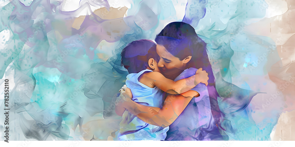 Water color painting of a mother and kid hugging for mother day banner design - obrazy, fototapety, plakaty 
