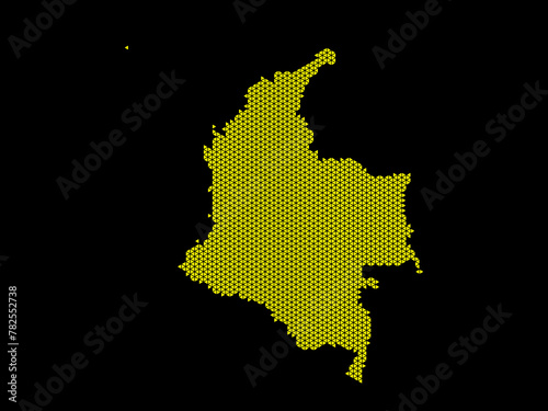 A sketching style of the map Colombia, consisting of yellow triangles. An abstract image for a geographical design template. Image isolated on black background.