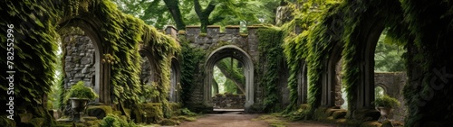 a stone archway in a forest