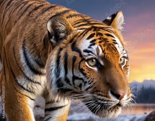 Close-up of a tiger a powerful and evocative photo of this wild animal. which conveys a sense of strength and royalty.