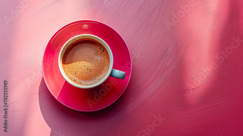 Steaming cup of coffee rests on a vibrant pink table, inviting a moment of warmth and relaxation.